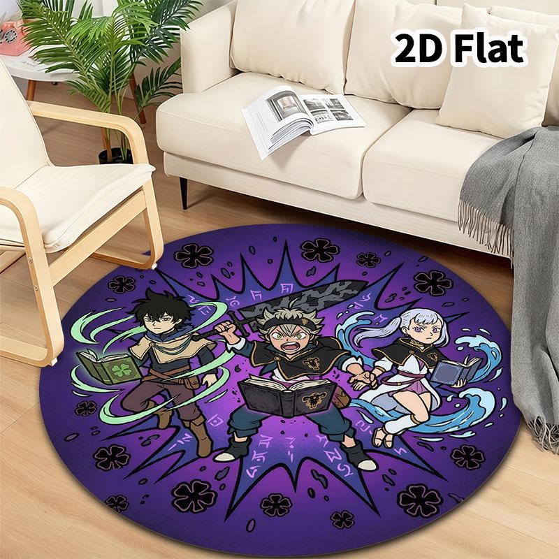 Black Clover Round Area Rug Carpet Rug For Living Room Bedroom Sofa Playroom Decor Nonslip Floor Mat