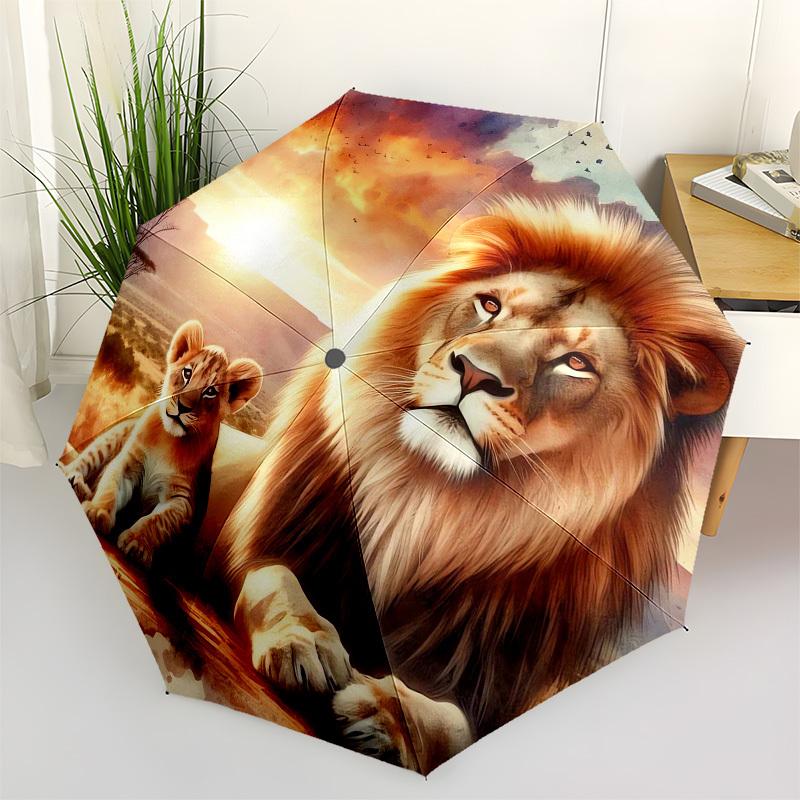 

1pc Lion Family Sunset Safari Umbrella with Plastic Handle,Vibrant Cartoon Pattern,Multi-functional UmbrellaPT162