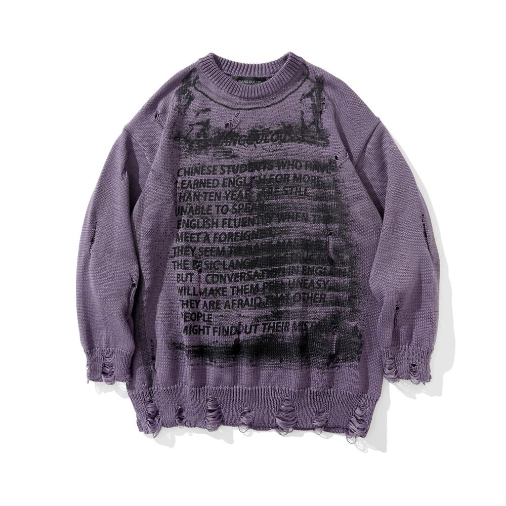 

Риповий светр Diablo з літерами. Чоловічий светр Ins High Street Trendy Brand Loose Crewneck Pulover XL фіолетовий