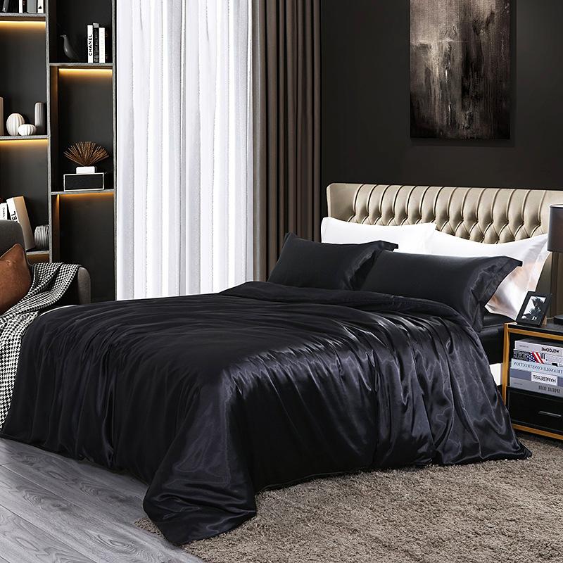 European Solid Color Mulberry Silk Bedding Sets Ice Silk Satin Cooling Bedclothes High Quality Skin-Friendly Smooth Duvet Kit