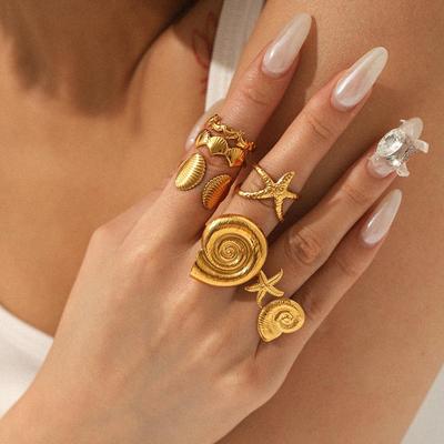 European & American Ocean Collection: Shell Starfish Dolphin Open Ring - Stainless Steel, Non-fading Titanium Steel, Adjustable Fit