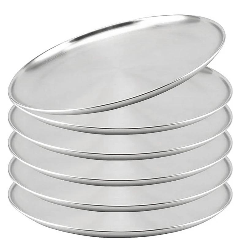 6Pcs Stainless Steels Round Plate Rust-Proof Shallow Tray Plate 14-30cm Camping Silver Camping Plate BBQ Picnic Dishes Cookware