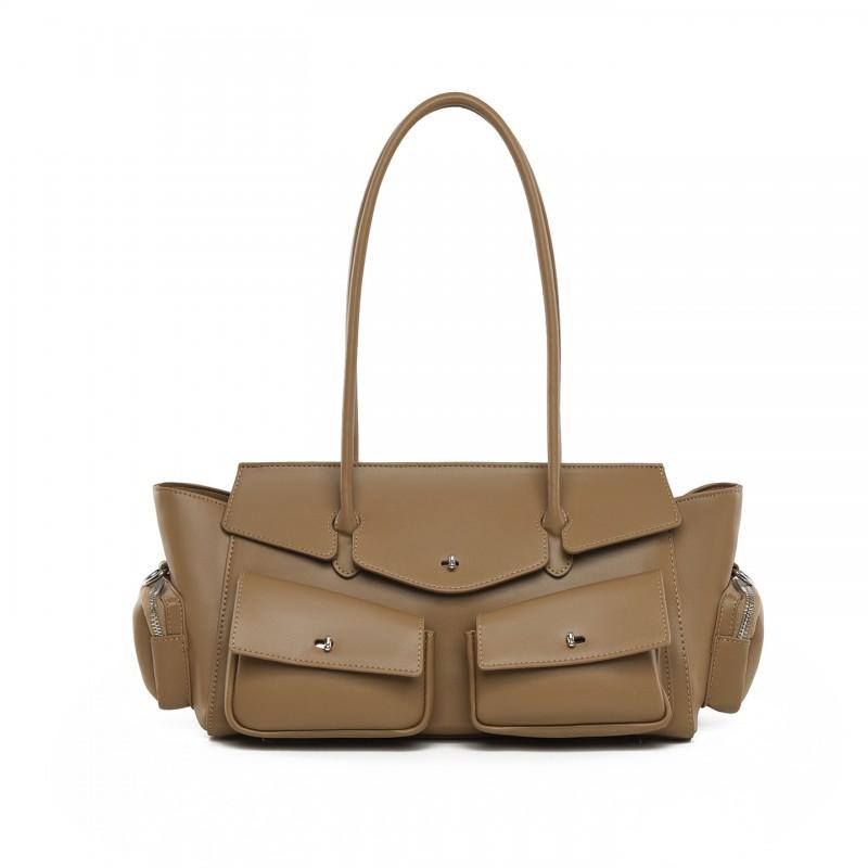 Large Capacity Tote Bag Women Khaki Crossbody Shoulder With Zip PU Leather Daily Commute Casual Use