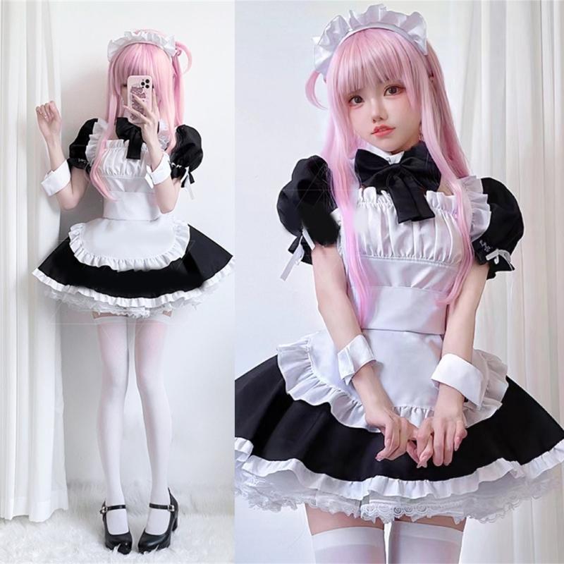 Anime Maid Costume Set Anime Maid Apron Maid Dress, Maid Headpieces, and Maid Bowtie Halloween Cosplay Costume