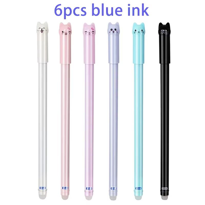 4/6Pack Cat-Themed Erasable Gel Pens 2 Colors Refill Set 0.5mm Fine Point Heat Sensitive with Rubber Grip Assorted Styles