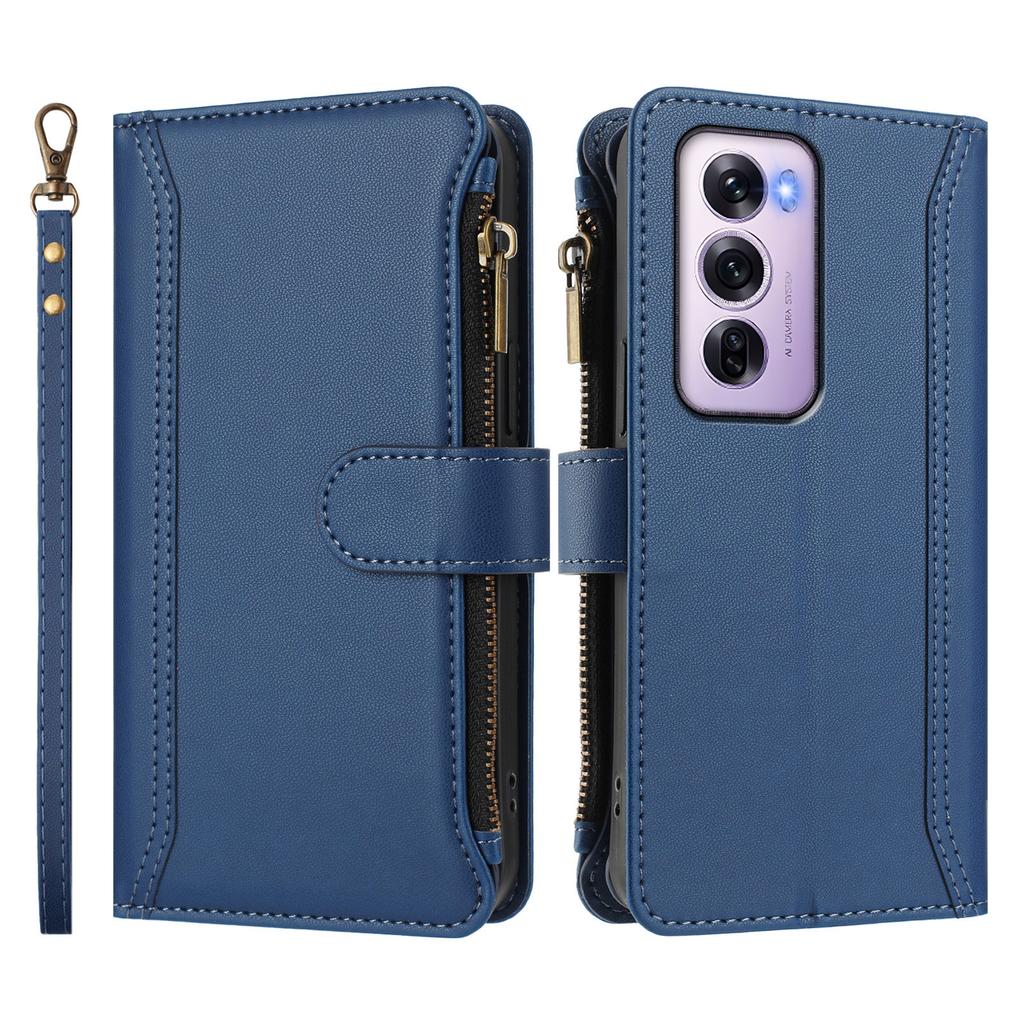 For Oppo Reno12 Pro 5G (China)/Oppo Reno12 Pro 5G (Global) Leather Case 9 Card Slots Zipper Wallet Stand Phone Cover with Wrist Strap