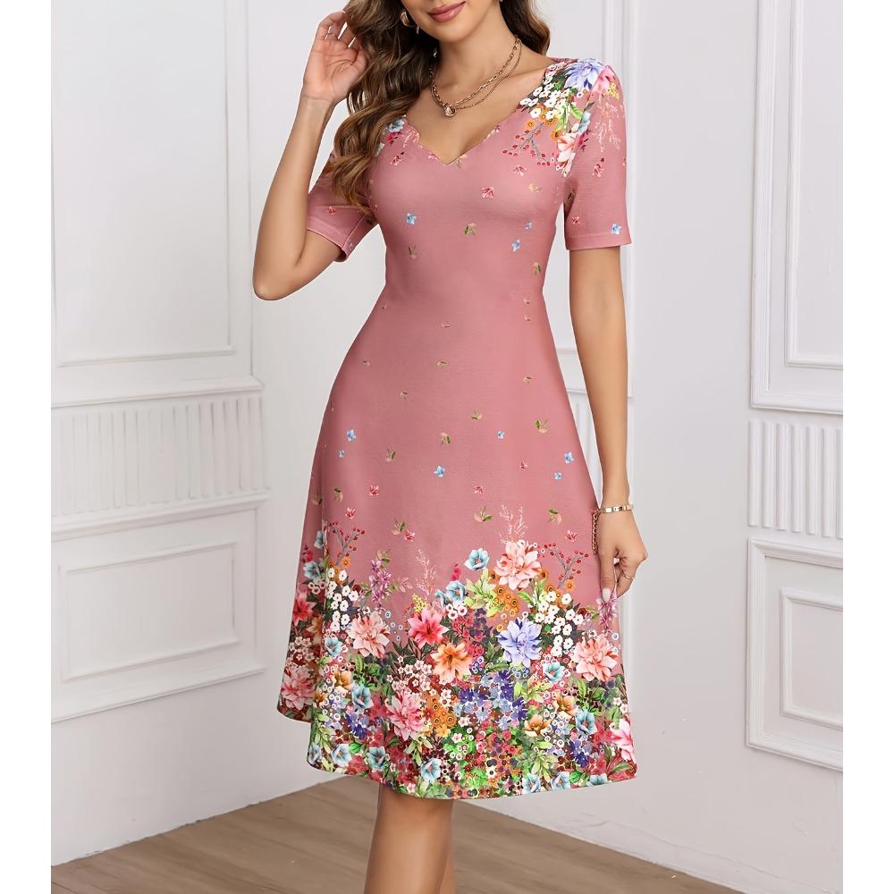 Women s V Neck Short Sleeve Floral Print Bodycon Elegant Midi Dress S