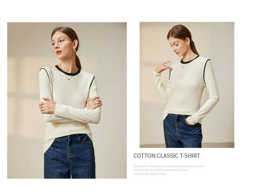 Women's Classic Black & White Color Block Crew Neck Long Sleeve T-Shirt - Spring Collection Wool Acetate Lyocell Base Layer