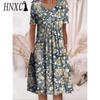 HNXC 30 Color Pleated Midi Dress Short Sleeve Round Neck Loose Hem Mid-Calf Length Women Floral A-Line Party Dress Casual Wear