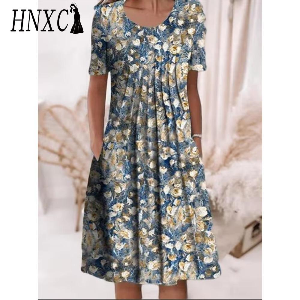 HNXC 30 Color Pleated Midi Dress Short Sleeve Round Neck Loose Hem Mid-Calf Length Women Floral A-Line Party Dress Casual Wear