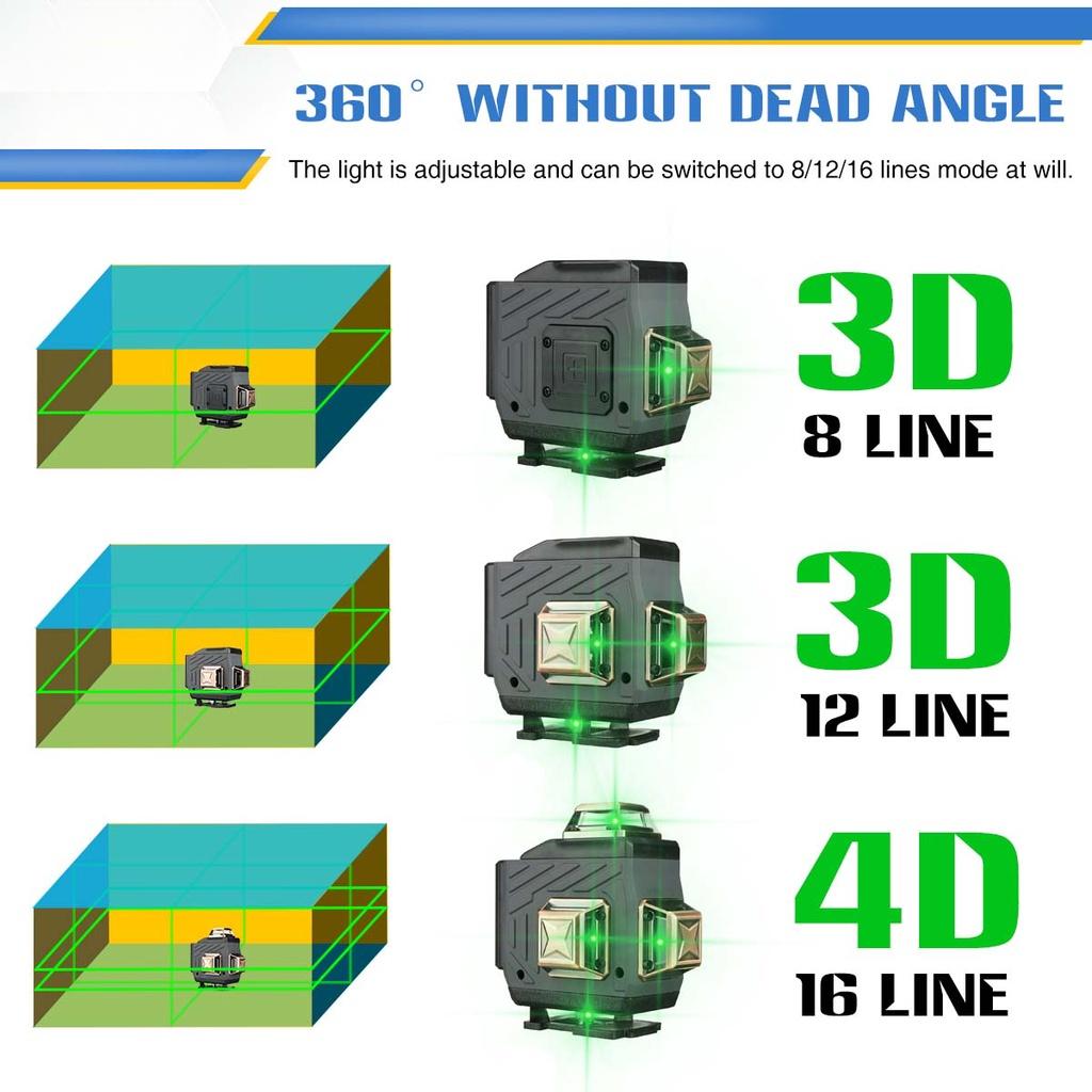 New 6000mAh 16/12/8 line Laser Level 360°Rotary Indoor Outdoor Horizontal Vertical Cross Auto Measuring 4D Adjustable Green Light Self-Leveling
