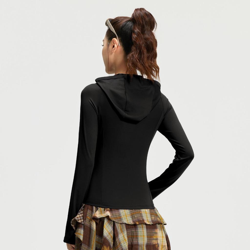 Juyitang Women's Slim Fit Hooded Sports Jacket with Pockets - New Style, Breathable & High Elastic