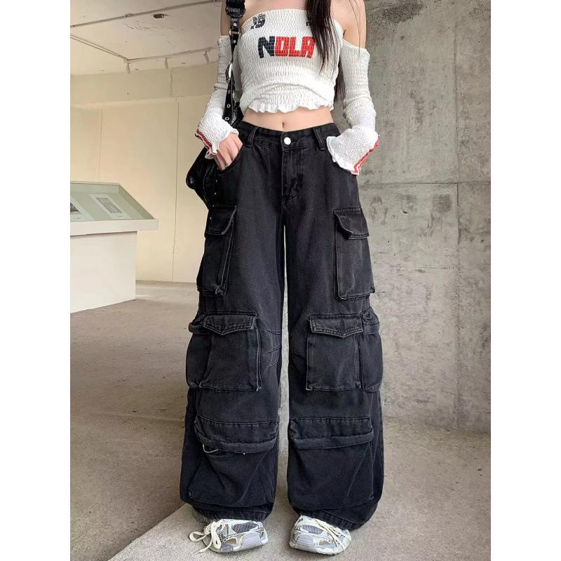 JYL Men's Cargo Pants Street Fashion Gray Patch Multi-Pocket Washed Wide-Leg Denim