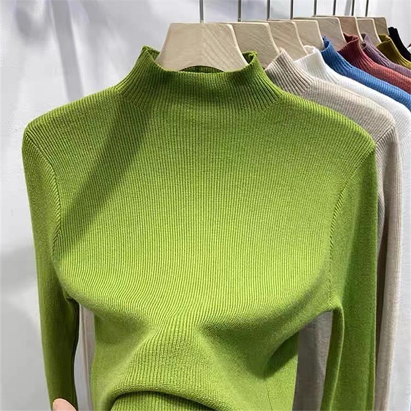 Cămașă de toamnă și iarnă pentru femei Pulover de culoare solidă Bluză subțire cu mâneci lungi Tricoturi cu gât pe jumătate