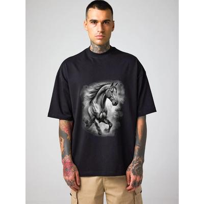 T-shirt Oversize Stampa Grafica Cavallo Nero Uomo Casual Streetwear Moda Top Unisex Abbigliamento Quotidiano