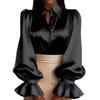 New Elegant Commuter Puff Long Sleeve Lapel Satin Womens Shirt Casual Loose Office Blouse New Lapel Simple Fashion Solid Color Tops