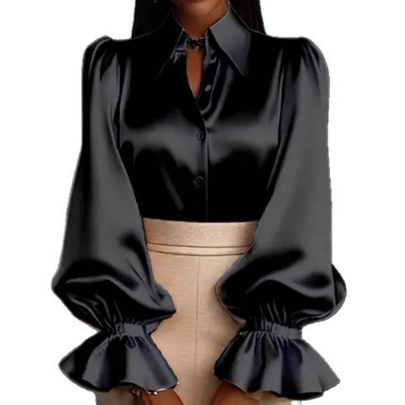 New Elegant Commuter Puff Long Sleeve Lapel Satin Womens Shirt Casual Loose Office Blouse New Lapel Simple Fashion Solid Color Tops
