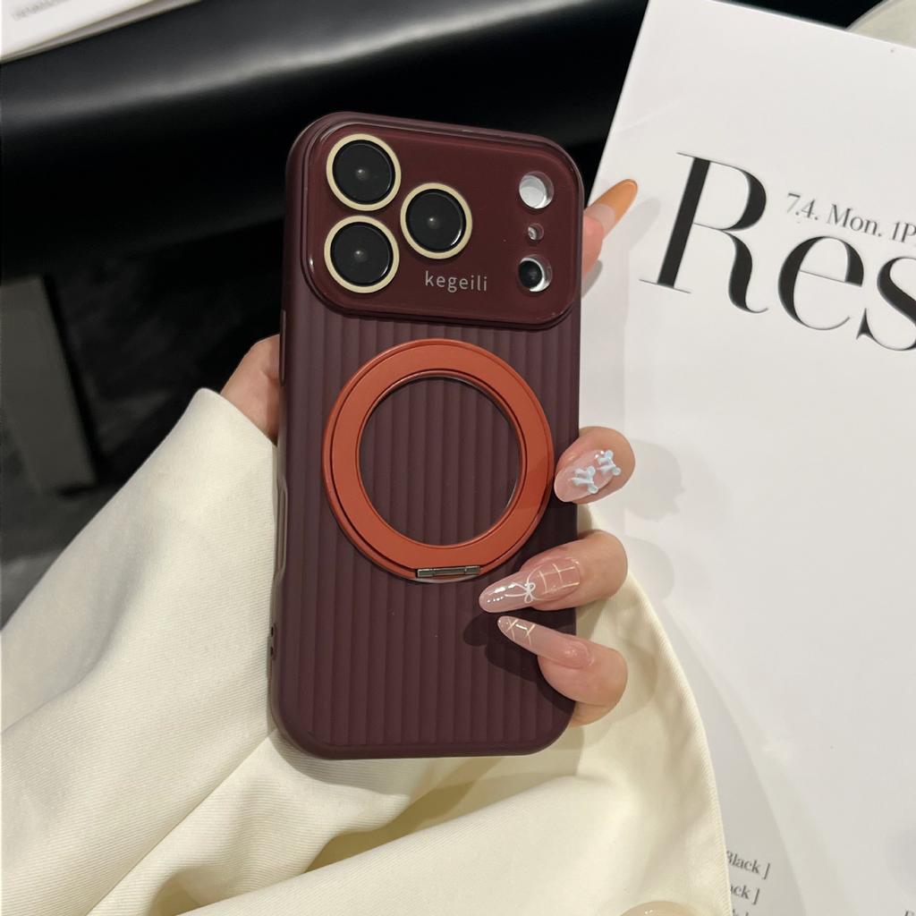Applicable to iPhone17ProMAX mobile phone case corrugated rotating magnetic suction bracket Apple 16 crystal large window soft case