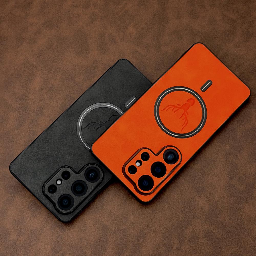 Luxury Faux Leather Case For Samsung Galaxy S26 S25 S24 S23 S22 Ultra Plus FE S26Ultra S25Ultra For Magsafe Charge Retra Cover