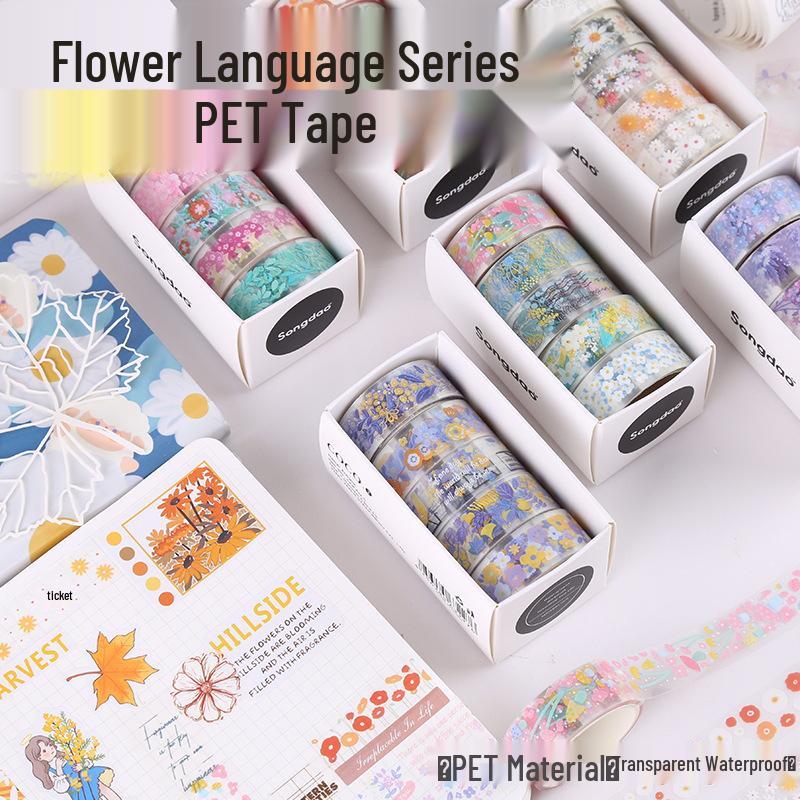 Creative Transparent Flower Language Washi Tape Stickers for DIY Decoration and Journaling Gift Box