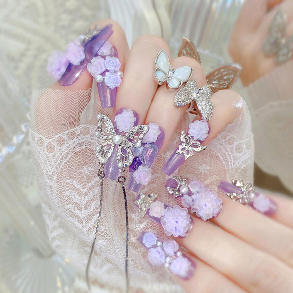 24 Pcs Long Press On Nails With Diamond Pearl Glitter Design Reusable Acrylic Artificial Nail Tips Set