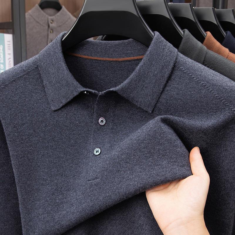 2025 Thickened Winter Men's Lapel Knitwear - Solid Color Business T-Shirt for Middle-aged and Young Men