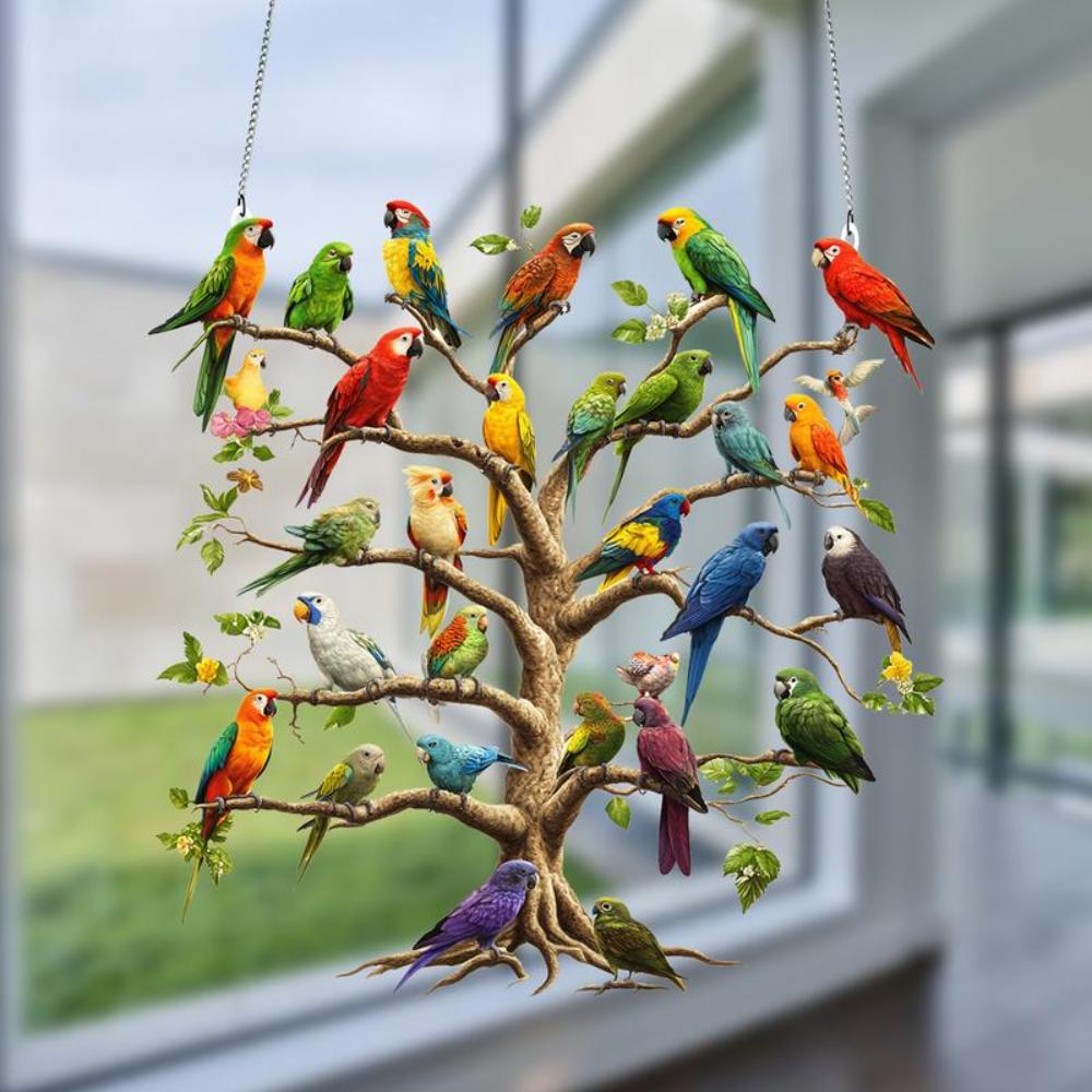 Flat Pendant Bird Tree Hanging Ornament Acrylic Hanging Ornament Window Pendant Window Decoration 20x20cm