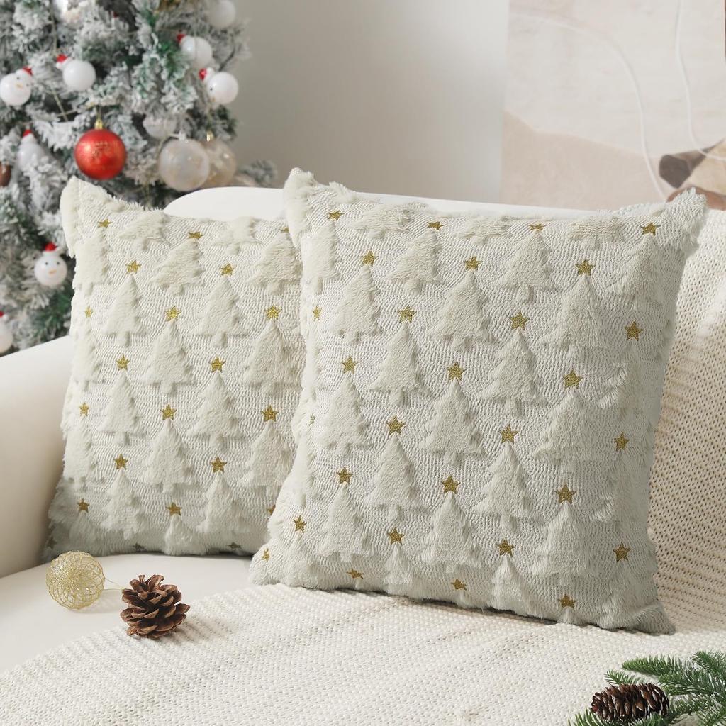 Christmas Pillow Cover Plush Christmas Tree Decoration Sofa Cushion Cover Star Embroidered Pillow Case Holiday Accent Home Decor