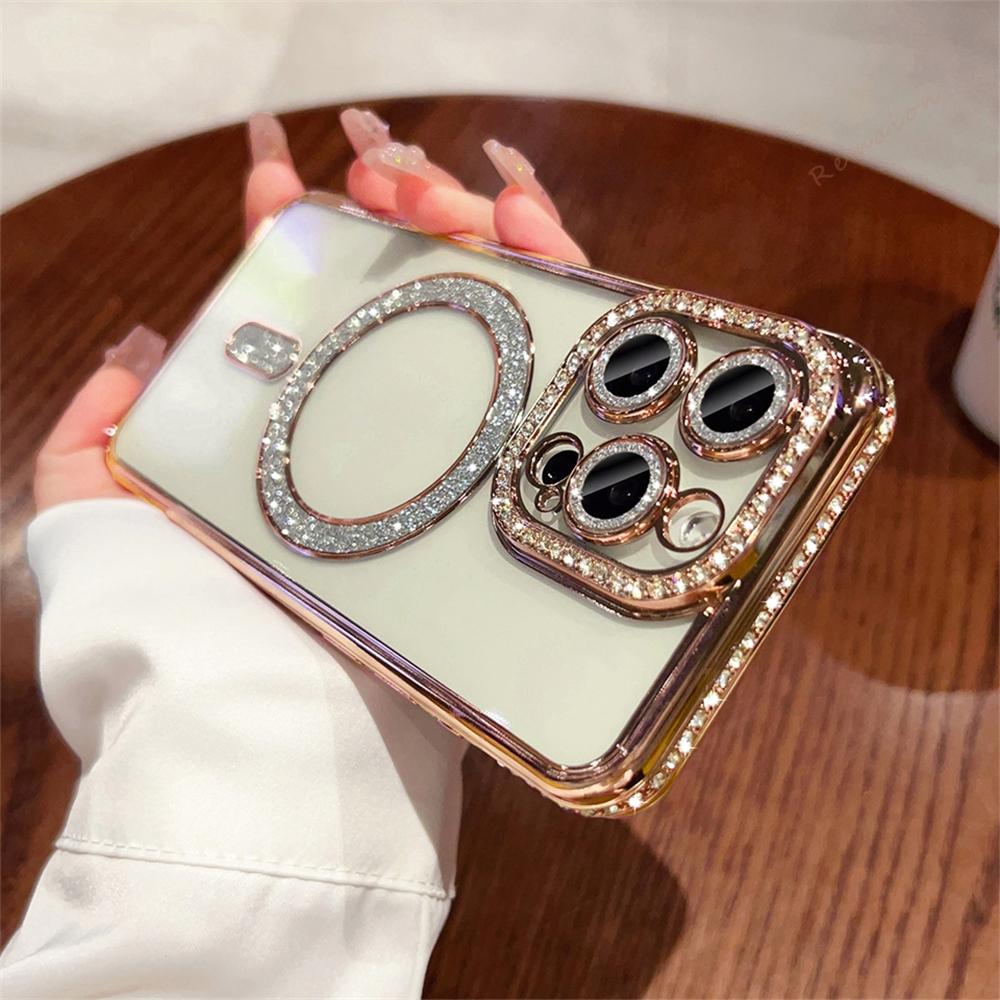 New Bling Glitter Diamond Transparent Magnetic Case For iPhone 17 Air 16E 16 15 14 Plus 13 11 12 16 17 Pro Max Protector Cover
