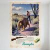 Enseigne Métallique Publicitaire Vintage Remington Chasse, Paysage Désertique Éléphant Mammouth Bête Préhistorique Scène de Chasse Affiche Métallique