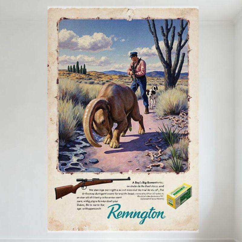 

Vintage Remington Hunting Advertisement Tin Sign, Desert Landscape Mammoth Elephant Prehistoric Beast Hunting Scene Metal Poster 20x30cm（7.8x11.8inch）