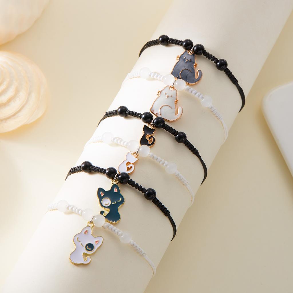 Cute Black White Cat Couple Bracelet for Women Men Handmade Braided Rope Adjustable Matching Bracelets Friendship Jewelry Gift
