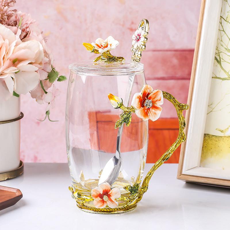 Enamel Color Flower Teacup Household Glass Afternoon Tea Water Cup Light Luxury Crystal Cup High Temperature Resistant Cup