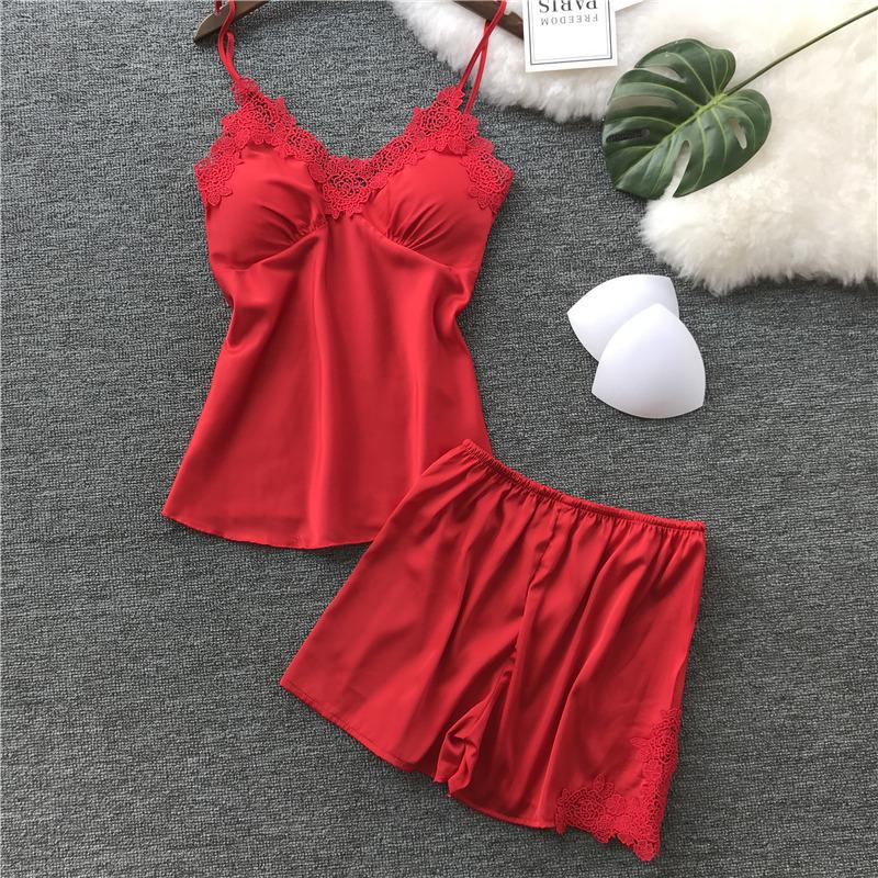 

New European and American erotic underwear, imitation silk split lace pajama set, retail S красный