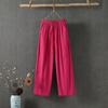 Women Summer Cotton Hemp Cropped Pants Mid-Rise Elastic Waistband Casual Pants Solid Color