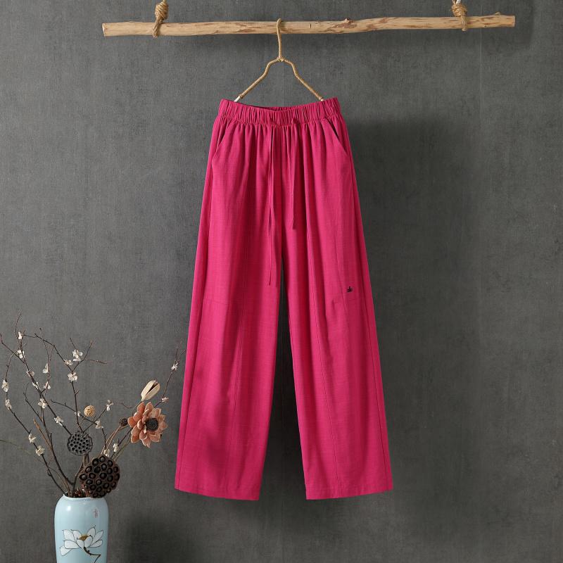 Women Summer Cotton Hemp Cropped Pants Mid-Rise Elastic Waistband Casual Pants Solid Color