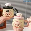 Relief Decal Puppy Mug Ceramic Mug Suitable for Couples Breakfast Milk Cup with Cute Puppy Head Lid Coffee Cup Set