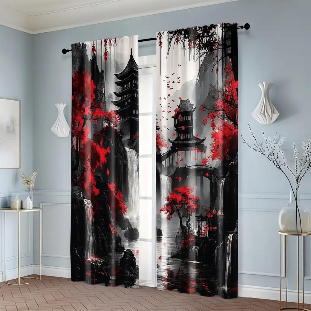 Set Of 2 Creative Curtains Print Japanese Mountain Ink Painting Fabric Without Rod Decorations Inside Use Bedroom Office Made Polyester Sleeping Area