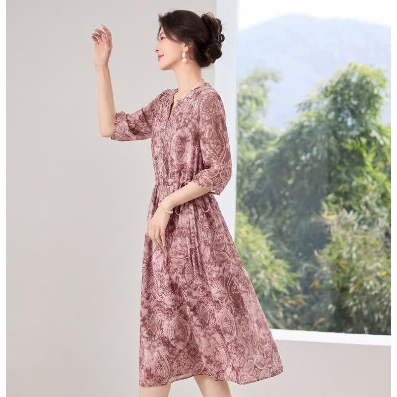 Elegant V-Neck Belted A-Line Midi Dress M