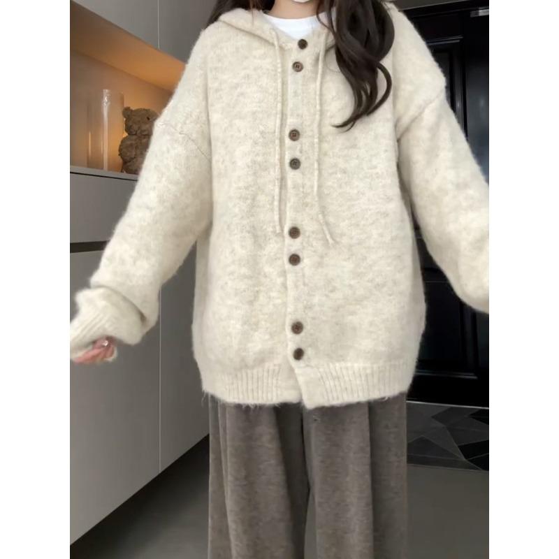 Hooded Cardigan Women's Autumn and Winter Soft Waxy Knitted Sweater Unique and Beautiful Age-reducing Long-sleeved Top Single-breasted Jacket