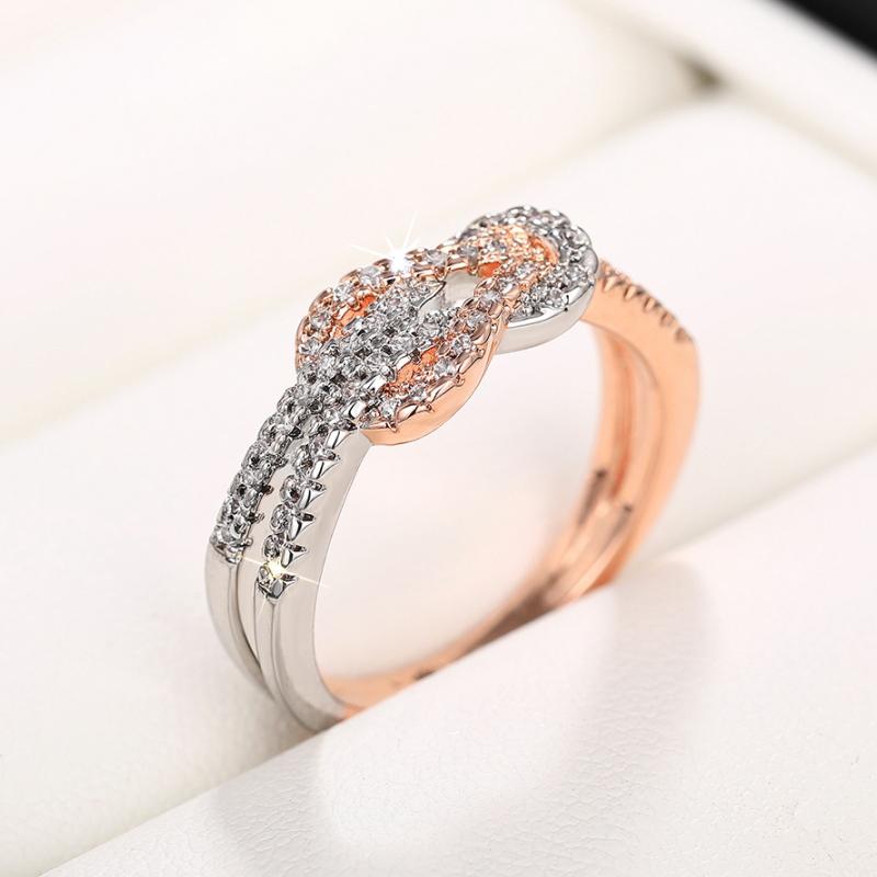 Huitan Knot Design Two-tone Ring for Women Wedding Party Exquisite Inlaid Shiny CZ Daily Female Finger Accessories Fancy Jewelry