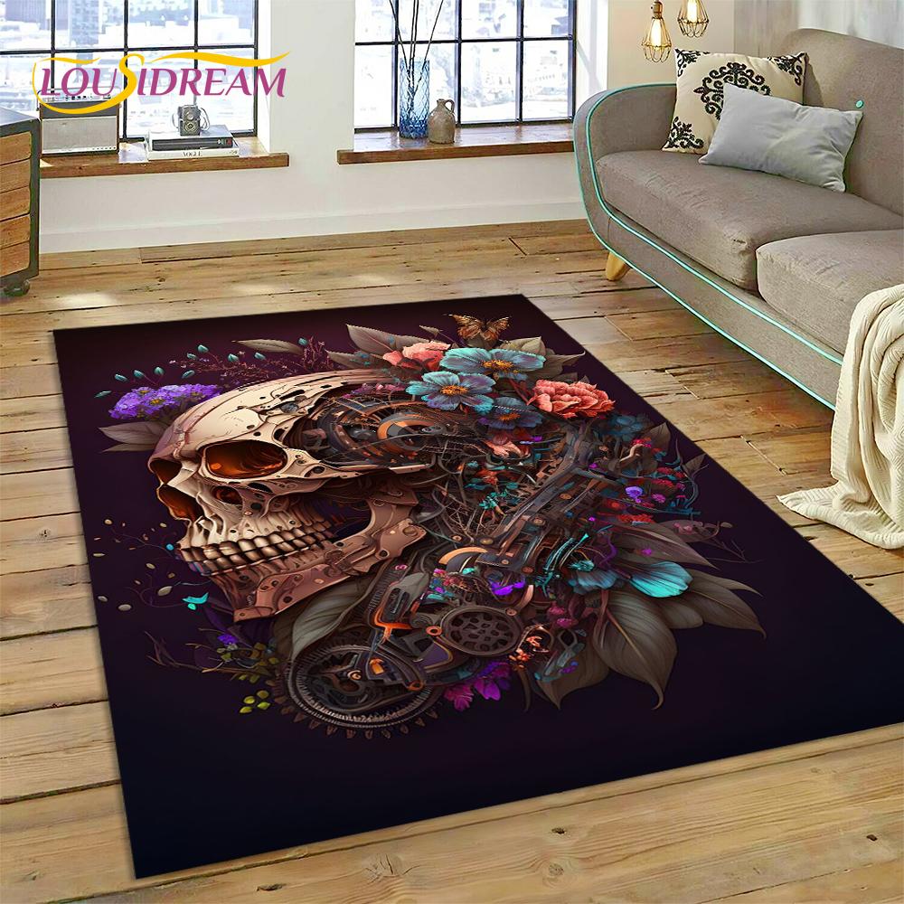 Cartoon Horrible Gothic Skull Flowers Carpet Rug for Home Living Room Bedroom Sofa Doormat Decor,Kid Area Rug Non-slip Floor Mat