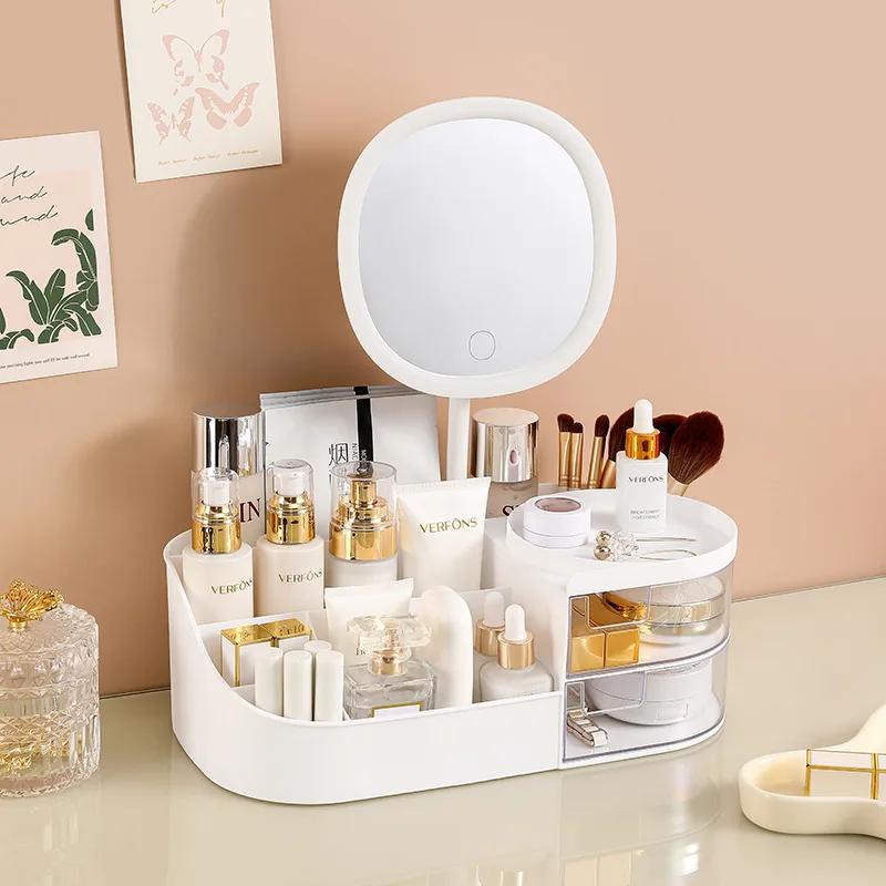 

Makeup Organizer with Rechargeable Makeup Mirror Skincare Cosmetics Organizer Countertop Large Capacity Cosmetic Display Case 28 13.5 19cm білий