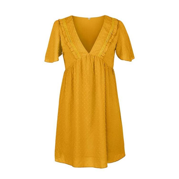 V Neck Short Sleeve Casual Women Dress High Waist Solid Sexy Jacquard Summer Spring S M L XL Yellow Blue Black