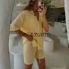 Summer New Product Women's Clothes Beach Style Lapel Short Sleeve Knitting Crocheted Bikini Blouse + Casual Shorts Suit