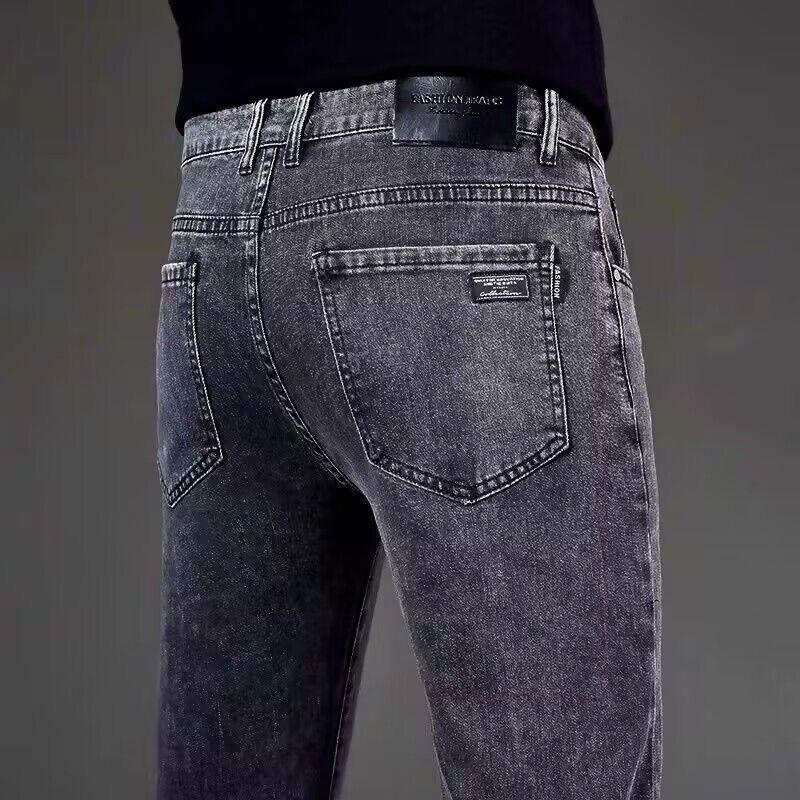 

2024 Grey Slim Straight Men s Stretch Jeans - Trendy Spring/Autumn Casual Pants 31 серый