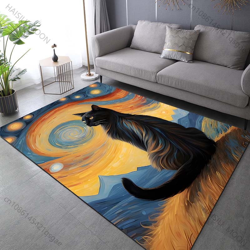 Multiple sizes Black cat in starry sky Print Carpet Rug for Living Room Bedroom Sofa Doormat Home Decor Non-slip Floor Mat