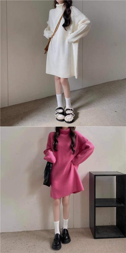 Korean Style High Neck Loose Sweater Dress - Petite Medium Length, Autumn/Winter
