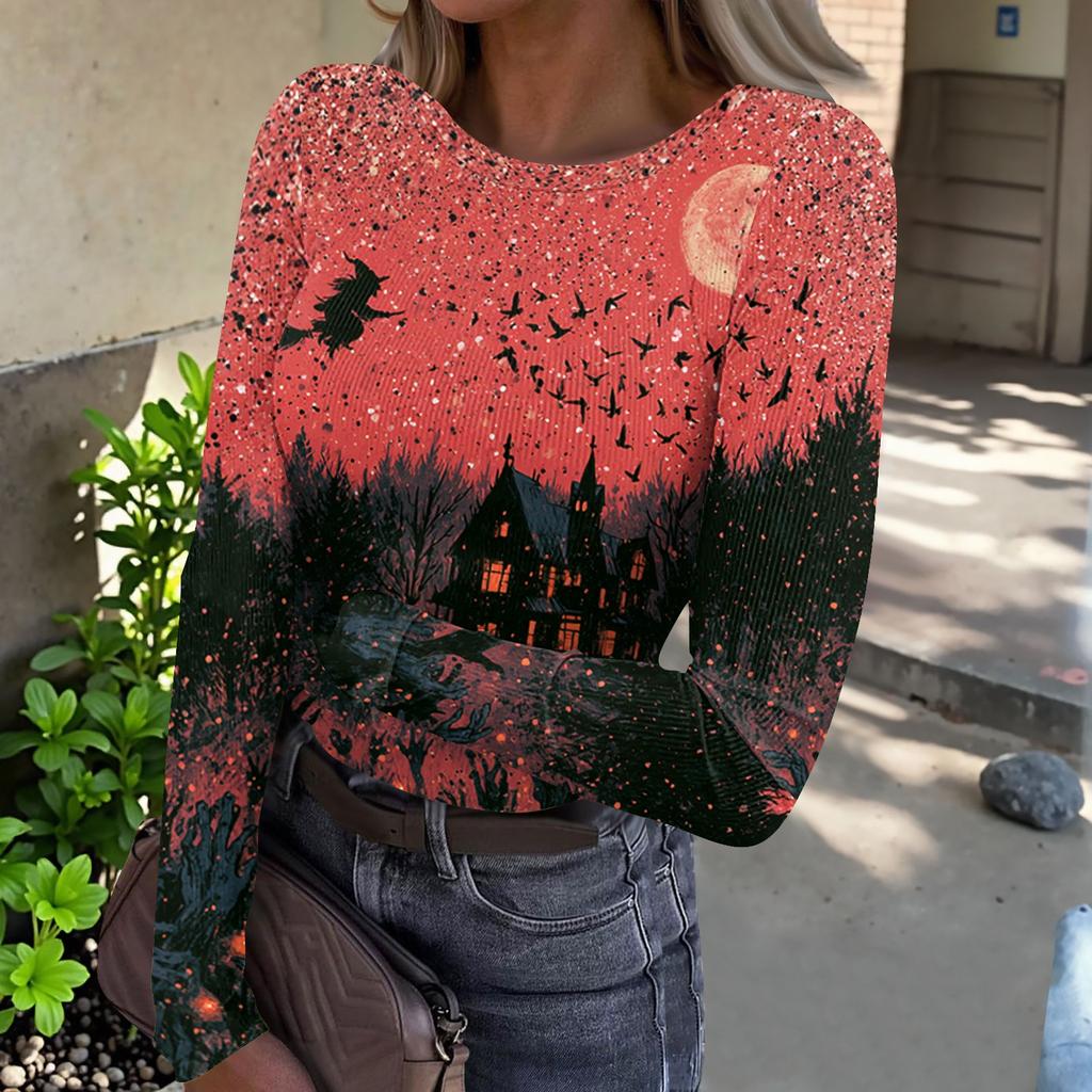 Women Casual Long Sleeve Ribbed Top Halloween Print Pullover Crew Neck Stretchy Slim Fit Shirt for Daily Wear