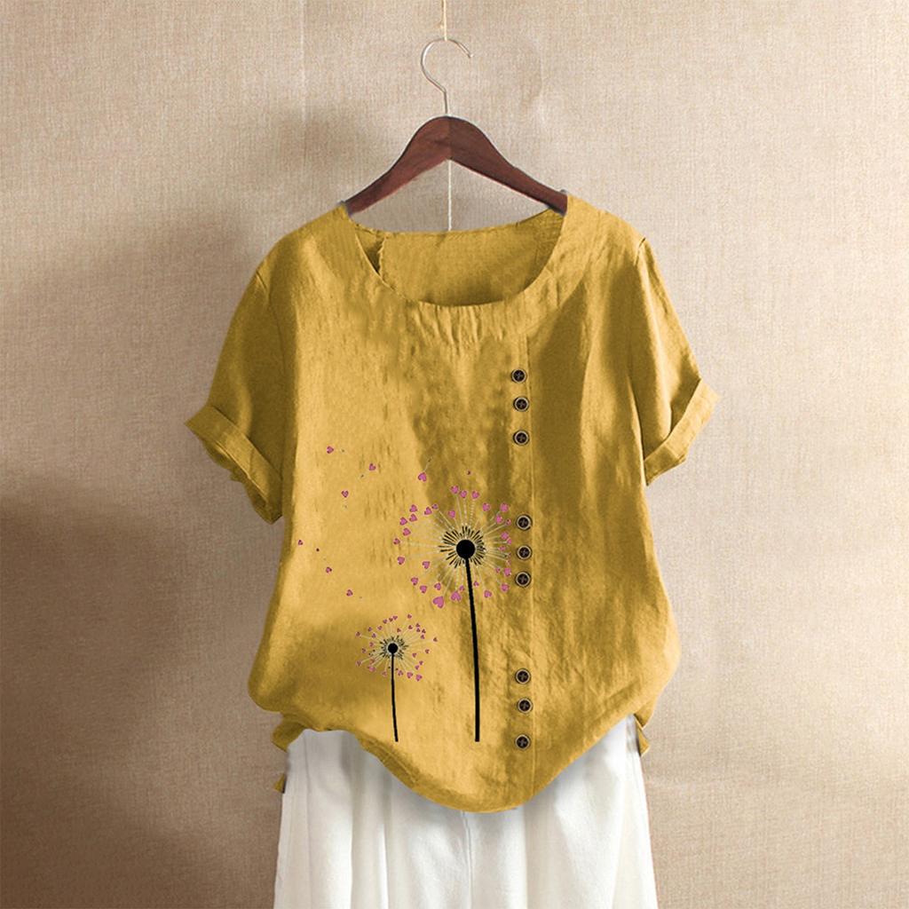 Women Buttons  Short Sleeve Floral Print Buttons Cotton Linen Vintage Top